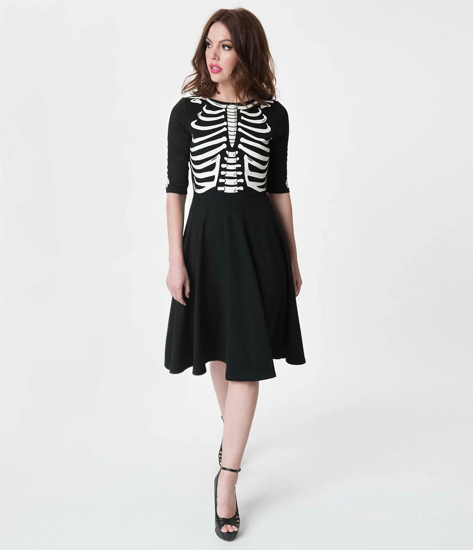 Unique Vintage Black Skeleton Bones Graves Swing Dress 3 Unique Vintage Black Skeleton Bones Graves Swing Dress