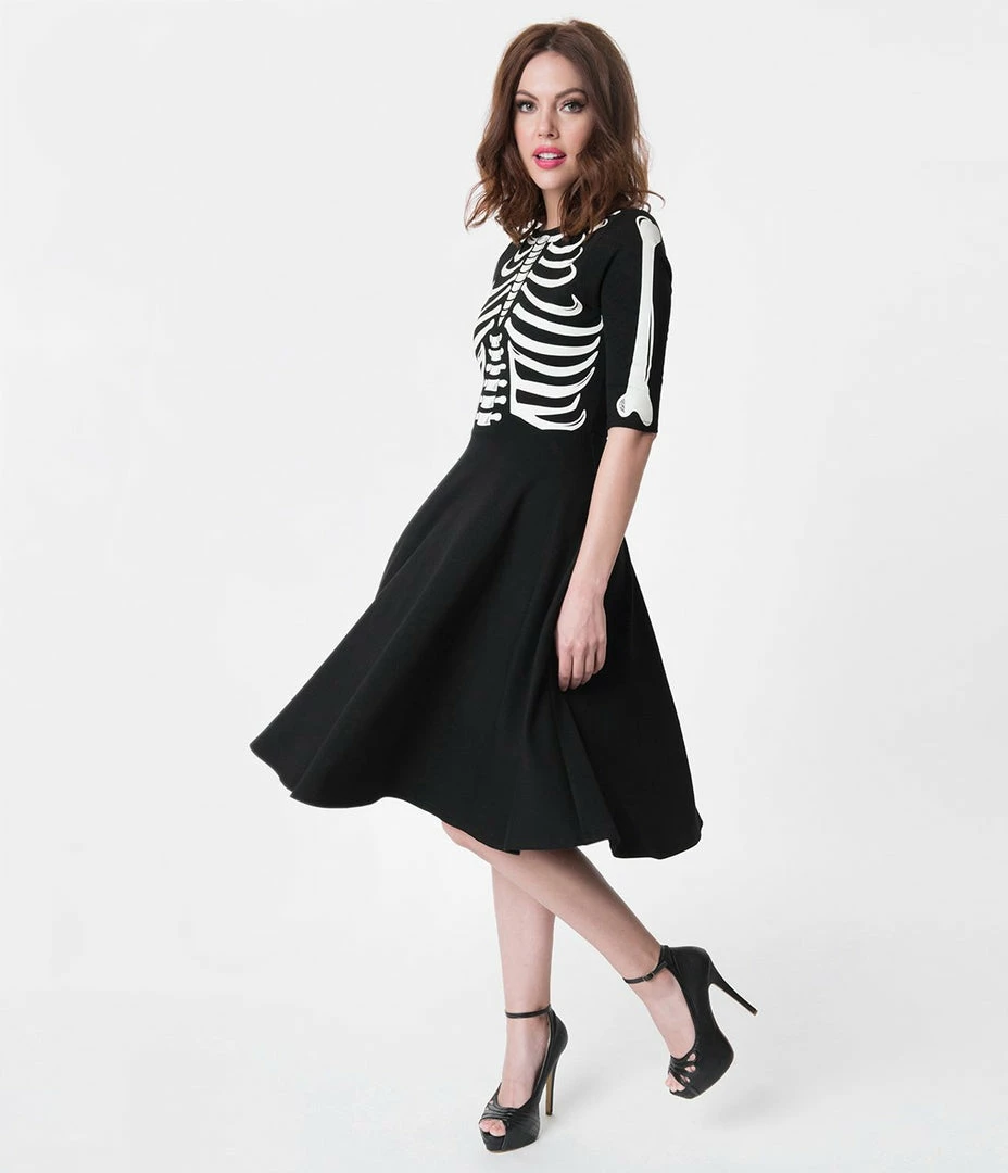 Unique Vintage Black Skeleton Bones Graves Swing Dress 4 Unique Vintage Black Skeleton Bones Graves Swing Dress