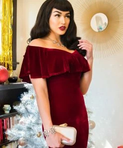 Unique Vintage Sophia Velvet Wiggle Dress - Burgundy