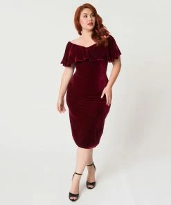 Unique Vintage Sophia Velvet Wiggle Dress - Burgundy