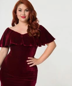 Unique Vintage Sophia Velvet Wiggle Dress - Burgundy