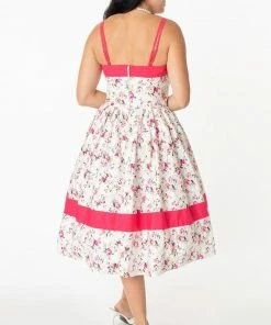 Unique Vintage Darienne Swing Dress - White/Pink Floral
