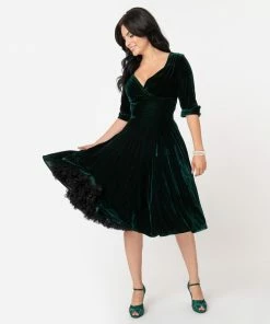 Unique Vintage Velvet Delores Swing Dress - Green
