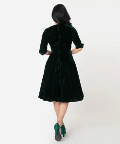 Unique Vintage Velvet Delores Swing Dress - Green