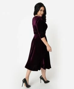 Unique Vintage Velvet Delores Swing Dress - Purple