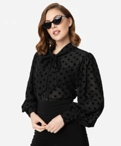 Unique Vintage Gwen Blouse - Black Swiss Dot