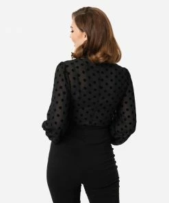 Unique Vintage Gwen Blouse - Black Swiss Dot