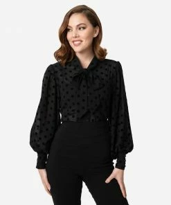 Unique Vintage Gwen Blouse - Black Swiss Dot