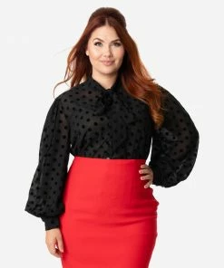 Unique Vintage Gwen Blouse - Black Swiss Dot