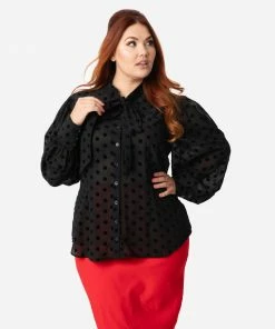 Unique Vintage Gwen Blouse - Black Swiss Dot
