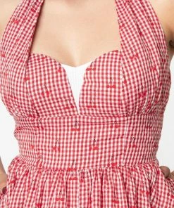 Unique Vintage Sheila Gingham & Cherry Swing Dress - Red