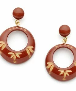 Splendette Carved Drop Hoop Earrings - Café