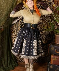 The Oblong Box Shop Brown Sneaky Tiki Novelty Print Gathered Skirt