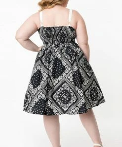 Unique Vintage Rockie Swing Dress - Black Paisley Print