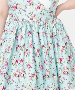 Unique Vintage Darienne Swing Dress - Blue/Pink Floral
