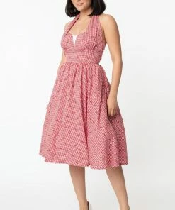 Unique Vintage Sheila Gingham & Cherry Swing Dress - Red