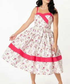 Unique Vintage Darienne Swing Dress - White/Pink Floral