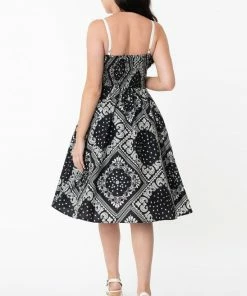 Unique Vintage Rockie Swing Dress - Black Paisley Print