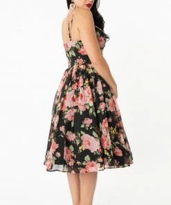 Unique Vintage Reed Swing Dress - Black & Pink Floral