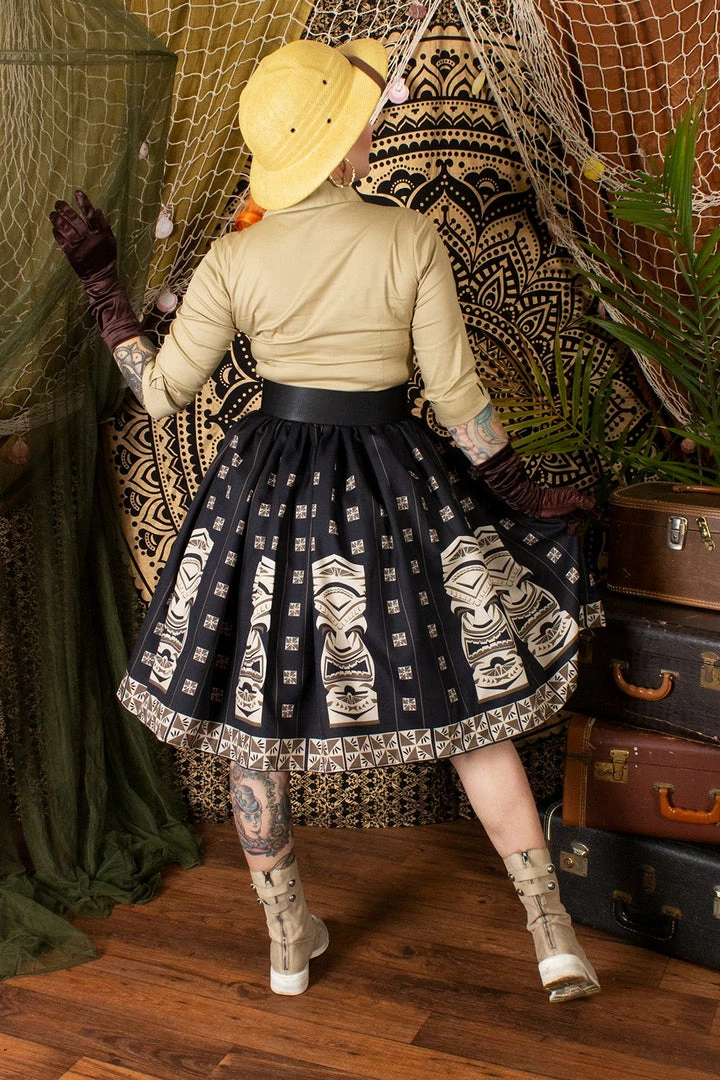 The Oblong Box Shop Brown Sneaky Tiki Novelty Print Gathered Skirt 4 The Oblong Box Shop Brown Sneaky Tiki Novelty Print Gathered Skirt